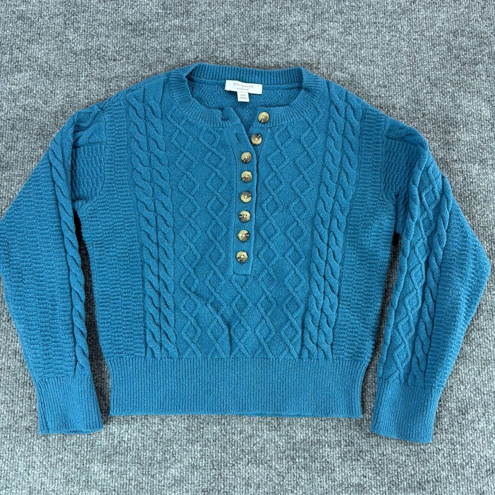 Ann Taylor Weekend Teal Blue Cable Knit Henley Sweater XXSP Petite Button Front